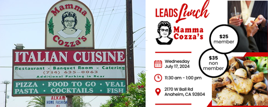 Singer Stefani favorite restaurant, "Mamma Cozza's" in Hometown of Anaheim.