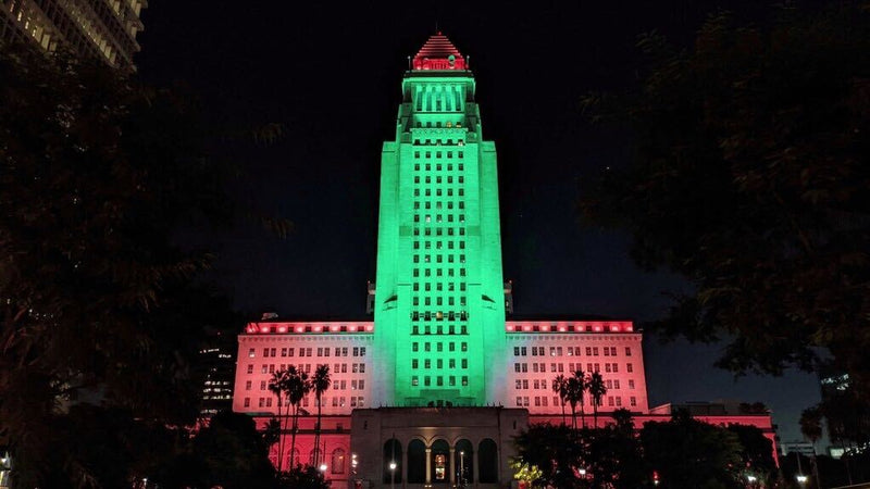 L.A. City Hall Lit Up With Lebanese Flag to Show Support Over Beirut Blast